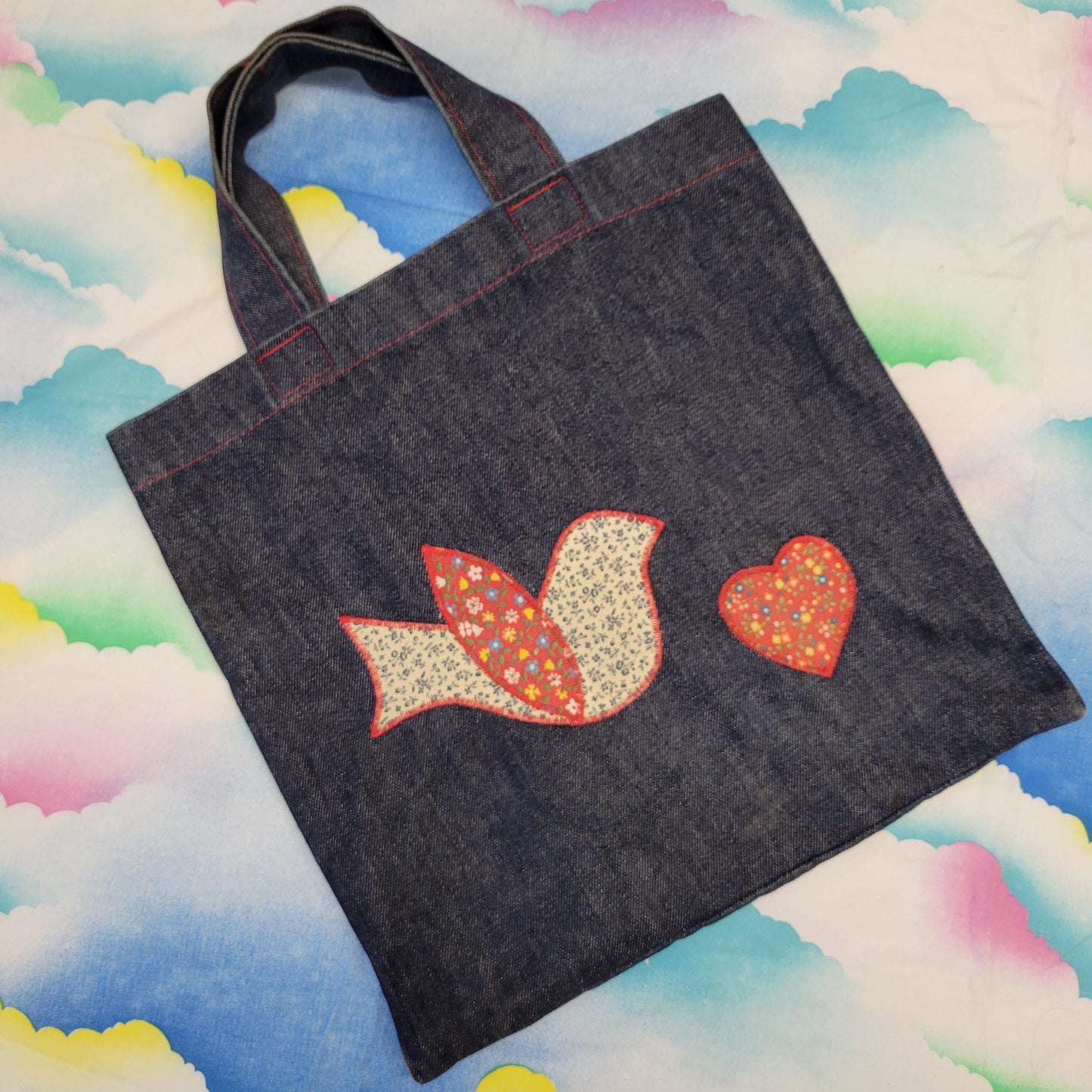 vtg 70s DENIM PATCHWORK BAG // vintage embroidered bird applique purse tote hippie retro woodstock repurposed jeans kitschy mod grocery bag