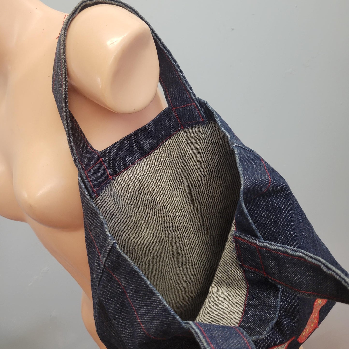 vtg 70s DENIM PATCHWORK BAG // vintage embroidered bird applique purse tote hippie retro woodstock repurposed jeans kitschy mod grocery bag