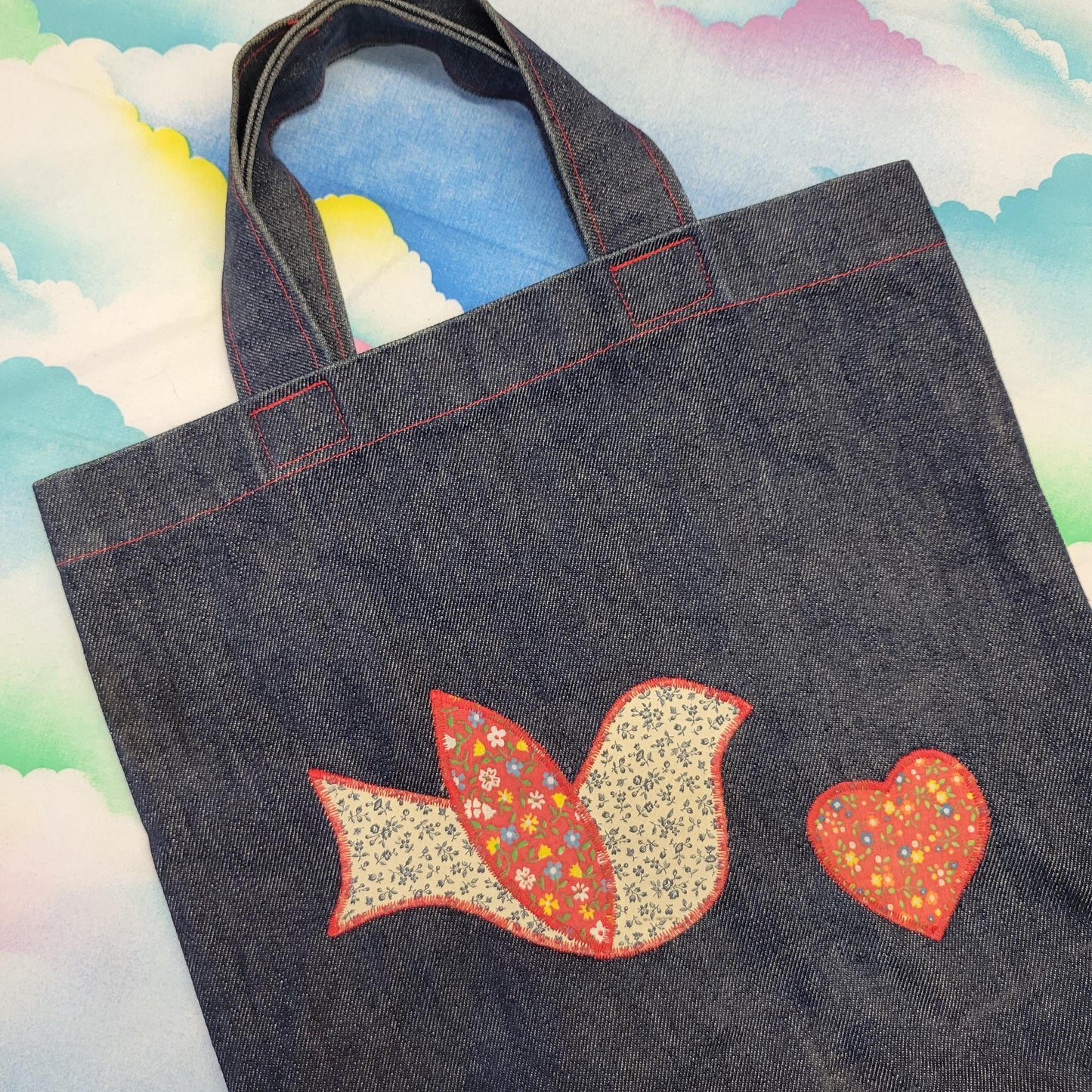 vtg 70s DENIM PATCHWORK BAG // vintage embroidered bird applique purse tote hippie retro woodstock repurposed jeans kitschy mod grocery bag