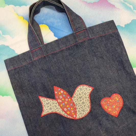 vtg 70s DENIM PATCHWORK BAG // vintage embroidered bird applique purse tote hippie retro woodstock repurposed jeans kitschy mod grocery bag
