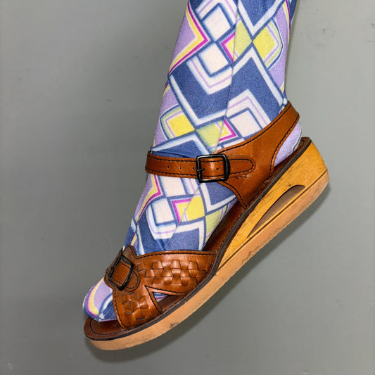 vtg 70s CUT OUT PLATFORM Sandals // vintage hippie retro wooden heels braided ankle straps girls womens size 5.5 cute boho open toe leather