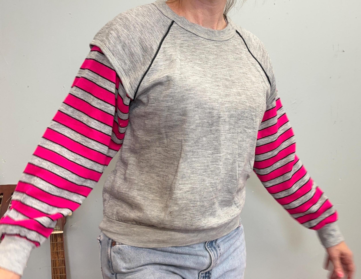 vtg 80s FLASHDANCE STYLE SWEATSHIrt // vintage hot pink & gray layered look sweater bright neon striped sleeves attached too gray vest top