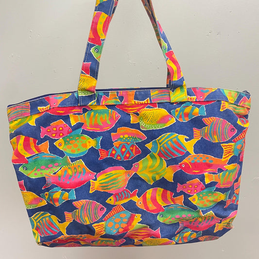vtg 80s FISH TOTE BAG // vintage oversized maximalist neon colorful beach vacation carry all overnight aquatic pattern messenger make up bag