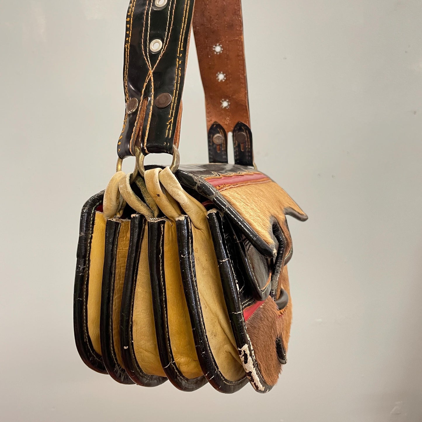 vtg 70s LEATHER & FUR SATCHEL // vintage rustic colombia nutria fur buckle purse western hippie retro messenger crossbody unisex handbag