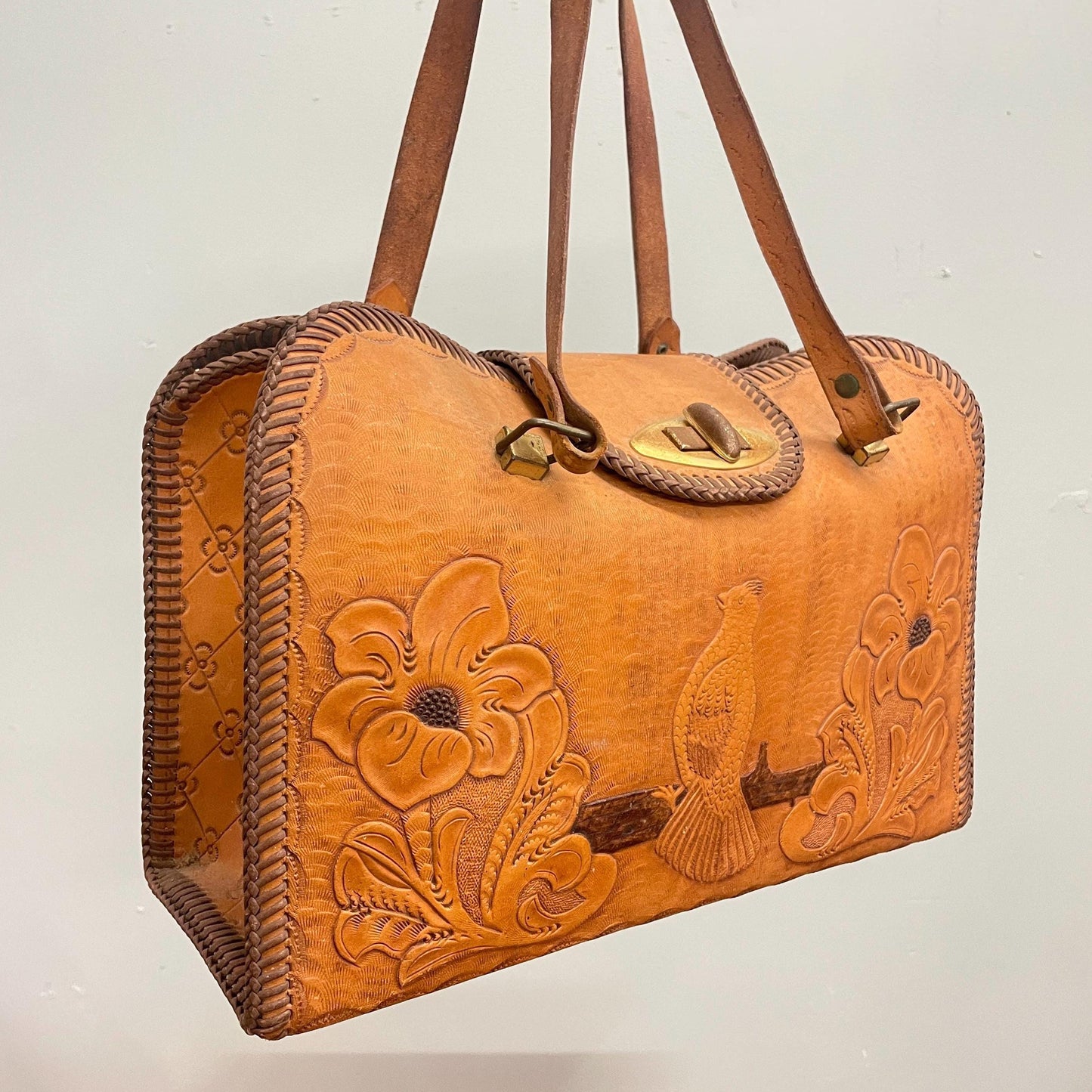 vtg 70s LEATHER BIRD BAG // vintage hand tooled floral 3d structured top handle boho hippie woodstock era personalized "Jean" large birkin