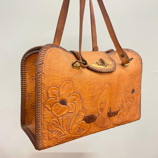 vtg 70s LEATHER BIRD BAG // vintage hand tooled floral 3d structured top handle boho hippie woodstock era personalized "Jean" large birkin