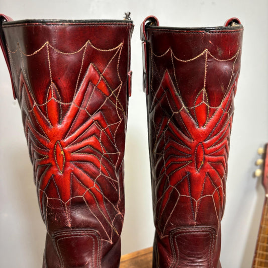 vtg 70s SPIDER WEB BOOTS // insane tooled red leather spider pattern calf high round toe wooden platforms cowboy western rodeo queen grail