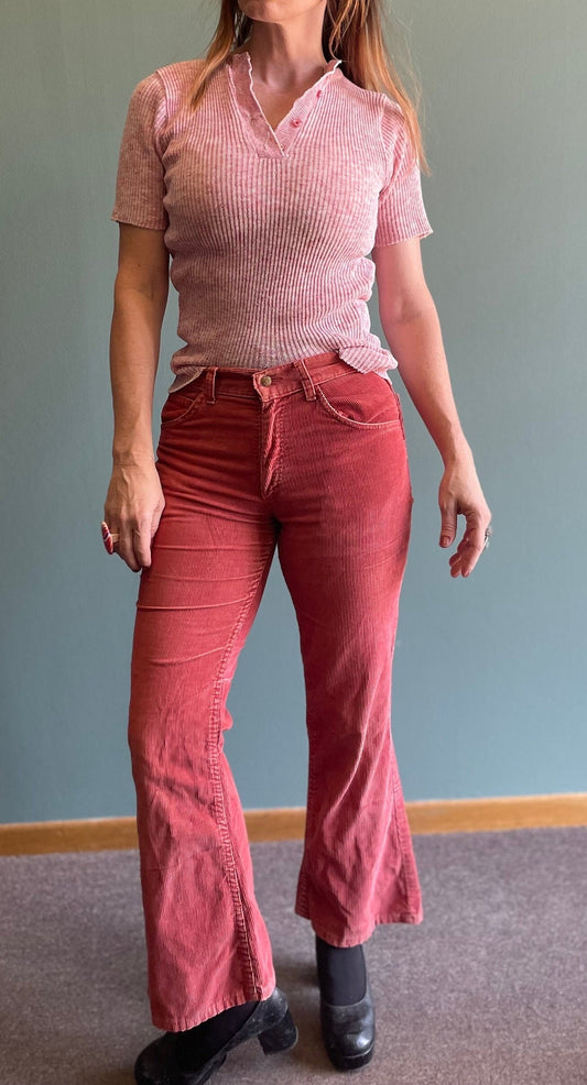 vtg 70s RED CORDUROY PANTS // vintage  27 x 29 mid rise faded distressed flare jeans cords unisex kick flares autumn colors campus hippie