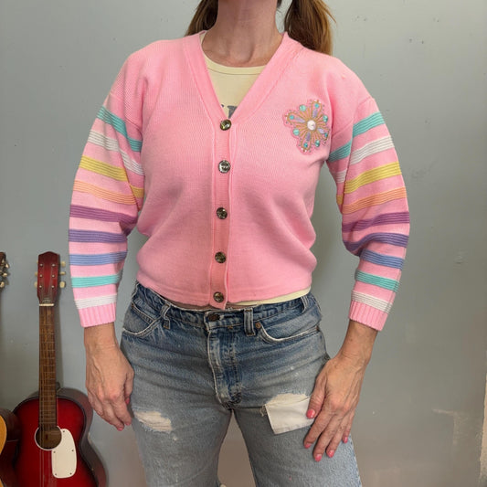 vtg 80s PASTEL STRIPED CARDIGAN // cute vintage girls rainbow striped baby pink cardigan bejeweled flower power lizzie mcguire spumoni fairy