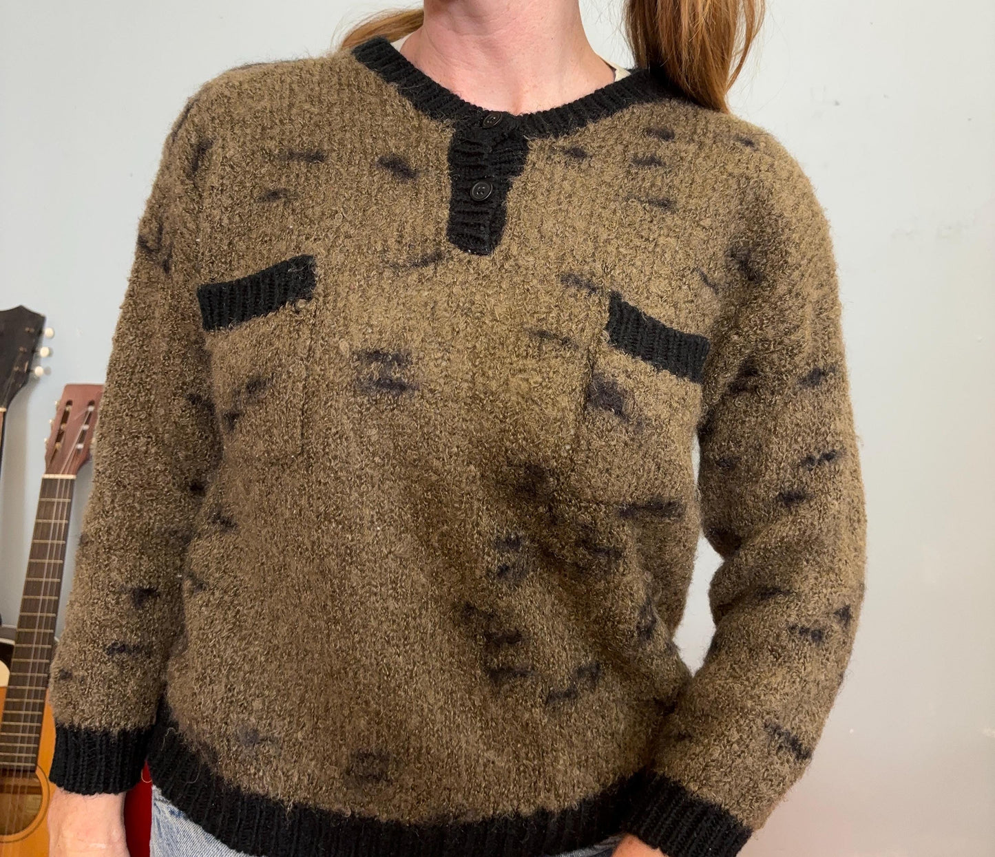 vtg 70s BROWN SPECKLED SWEATER // vintage two tone chocolate chip mohair fuzzy cropped sweater olive green sage brown neutral earth tones