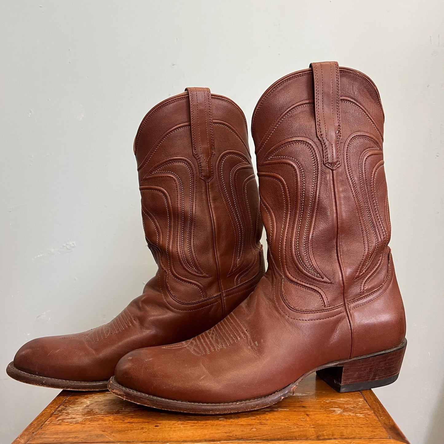 vtg 70s TECOVAS LEATHER BOOTS  // vintage size 11 mens usa rich caramel brown leather pointy toe western style cowboy boots hippie biker