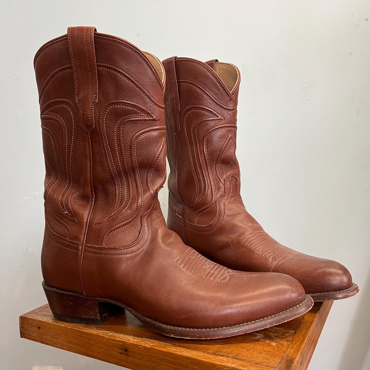 vtg 70s TECOVAS LEATHER BOOTS  // vintage size 11 mens usa rich caramel brown leather pointy toe western style cowboy boots hippie biker
