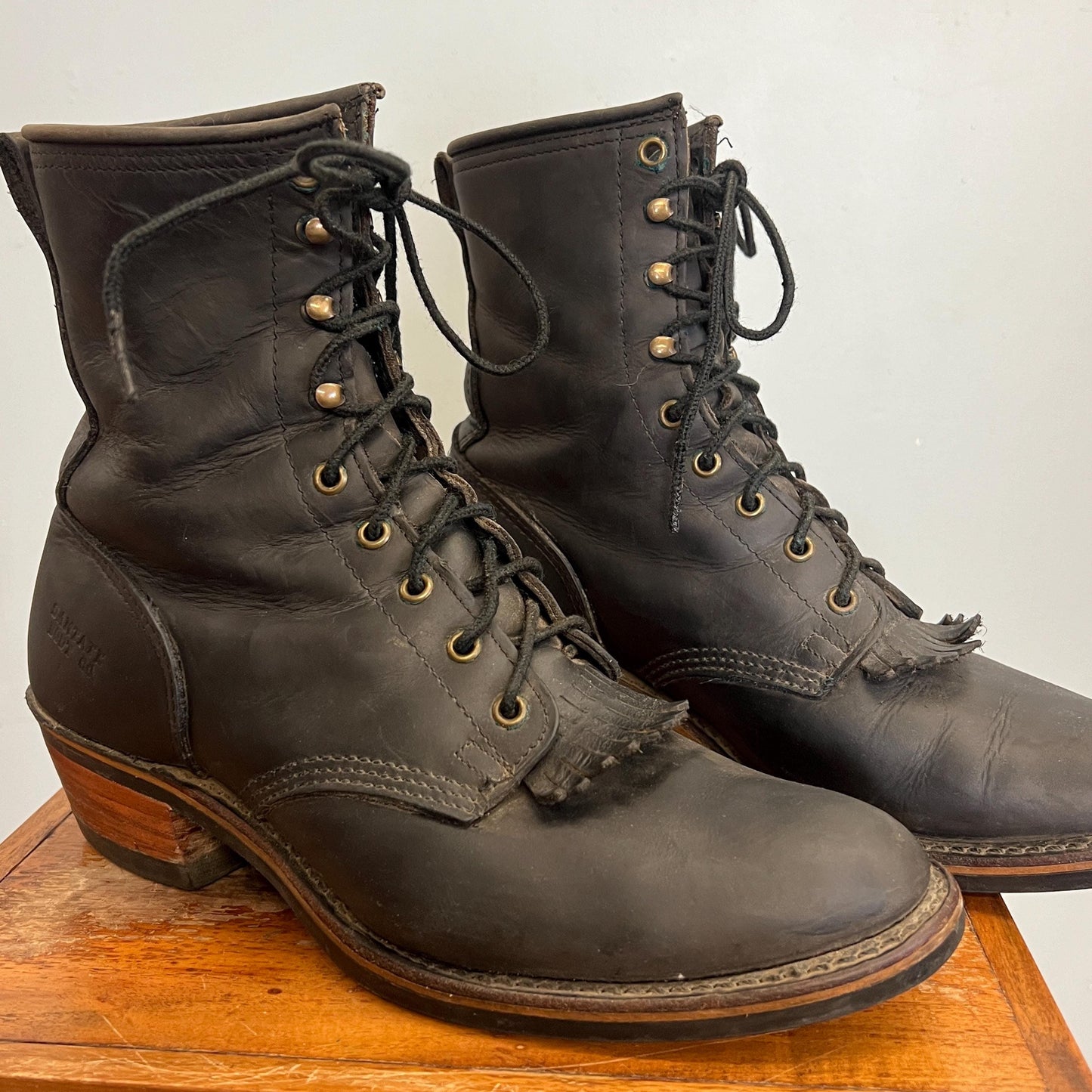 vtg 80s LEATHER FRINGE BOOTS // vintage santa fe lace roper matte black boots wooden heel skinny ankle rounded pointy platform witch style