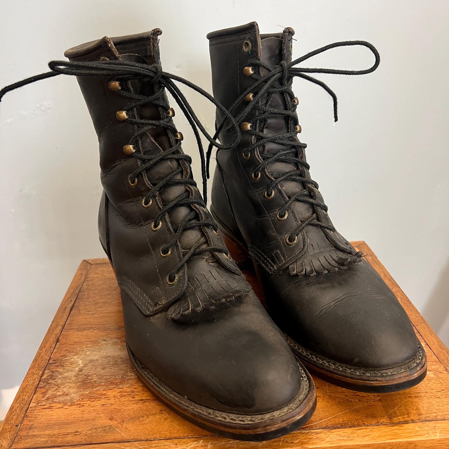 vtg 80s LEATHER FRINGE BOOTS // vintage santa fe lace roper matte black boots wooden heel skinny ankle rounded pointy platform witch style