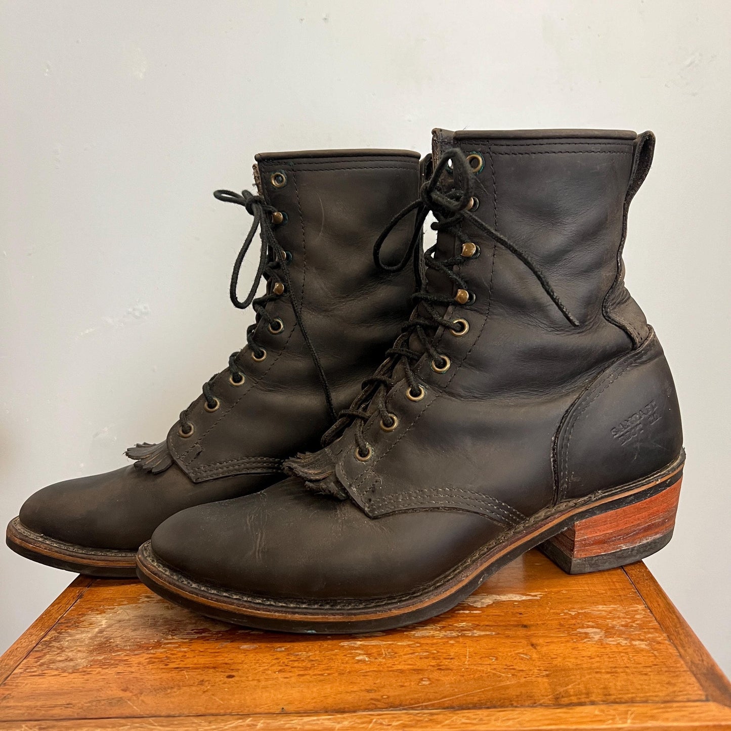 vtg 80s LEATHER FRINGE BOOTS // vintage santa fe lace roper matte black boots wooden heel skinny ankle rounded pointy platform witch style