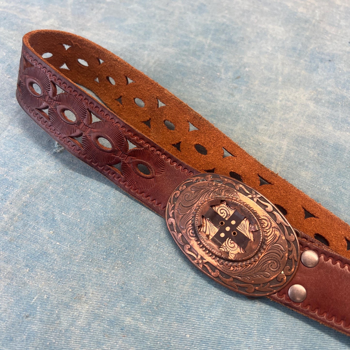 vtg 70s CUT OUT BELT // vintage hand tooled brown leather braided hippie boho buckle rodeo western bohemian style bell bottoms ranchwear