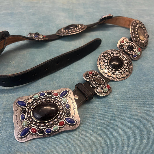 vtg 70s METAL BUCKLE BELT // vintage rodeo hippie funky multicolor stones black leather belt  bohemian rocker glam chic clunky heavy stones