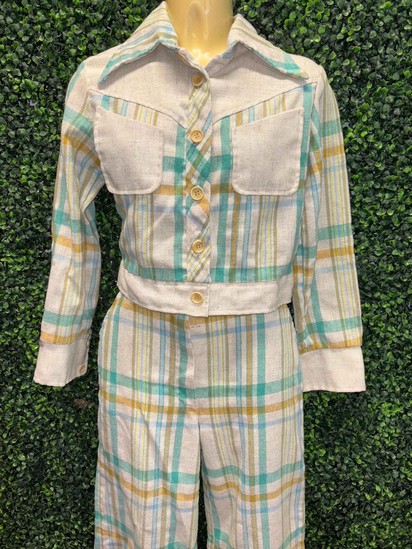 vtg 70s 2 PIECE PANTSUIT Set // vintage flare leg blue yellow plaid bell bottoms and pointy collar retro blazer top juniors teens autumn