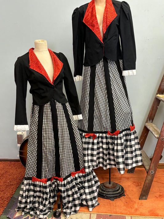 vtg 70s TWINS HALLOWEEN COSTUME / vintage red lurex vampire tuxedo plaid bow tie maxi skirt sets day of the dead celebratory costume theater