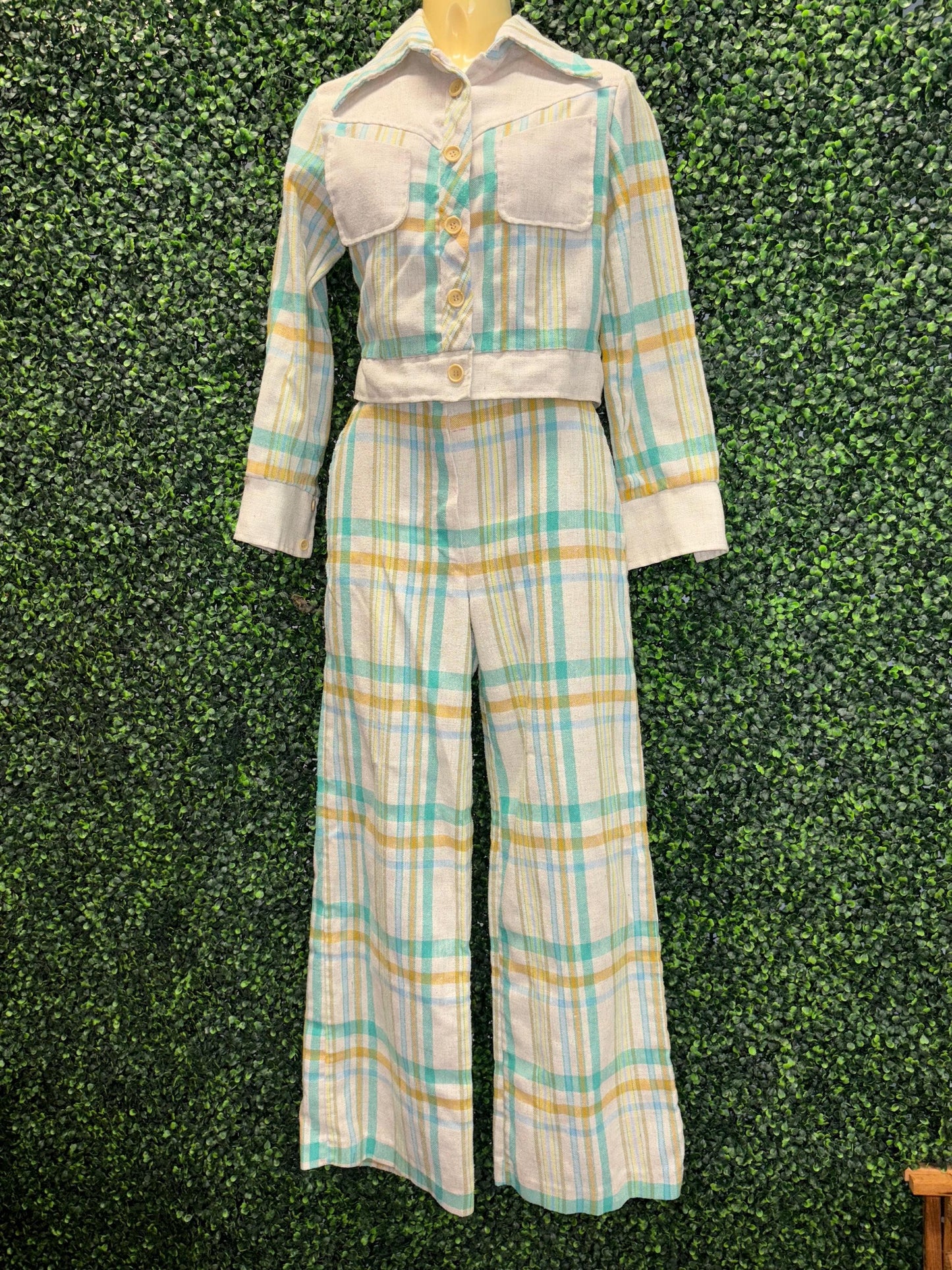 vtg 70s 2 PIECE PANTSUIT Set // vintage flare leg blue yellow plaid bell bottoms and pointy collar retro blazer top juniors teens autumn