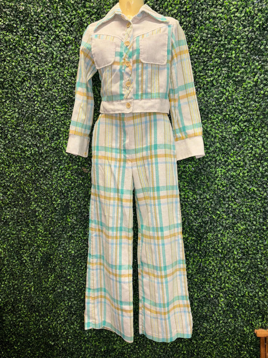 vtg 70s 2 PIECE PANTSUIT Set // vintage flare leg blue yellow plaid bell bottoms and pointy collar retro blazer top juniors teens autumn