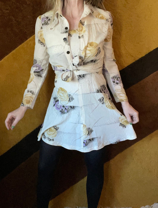 vtg 70s FLORAL 2 PIECE SET // vintage purple yellow flower patterned autumn flowy dress and matching collared polyester button up top jacket