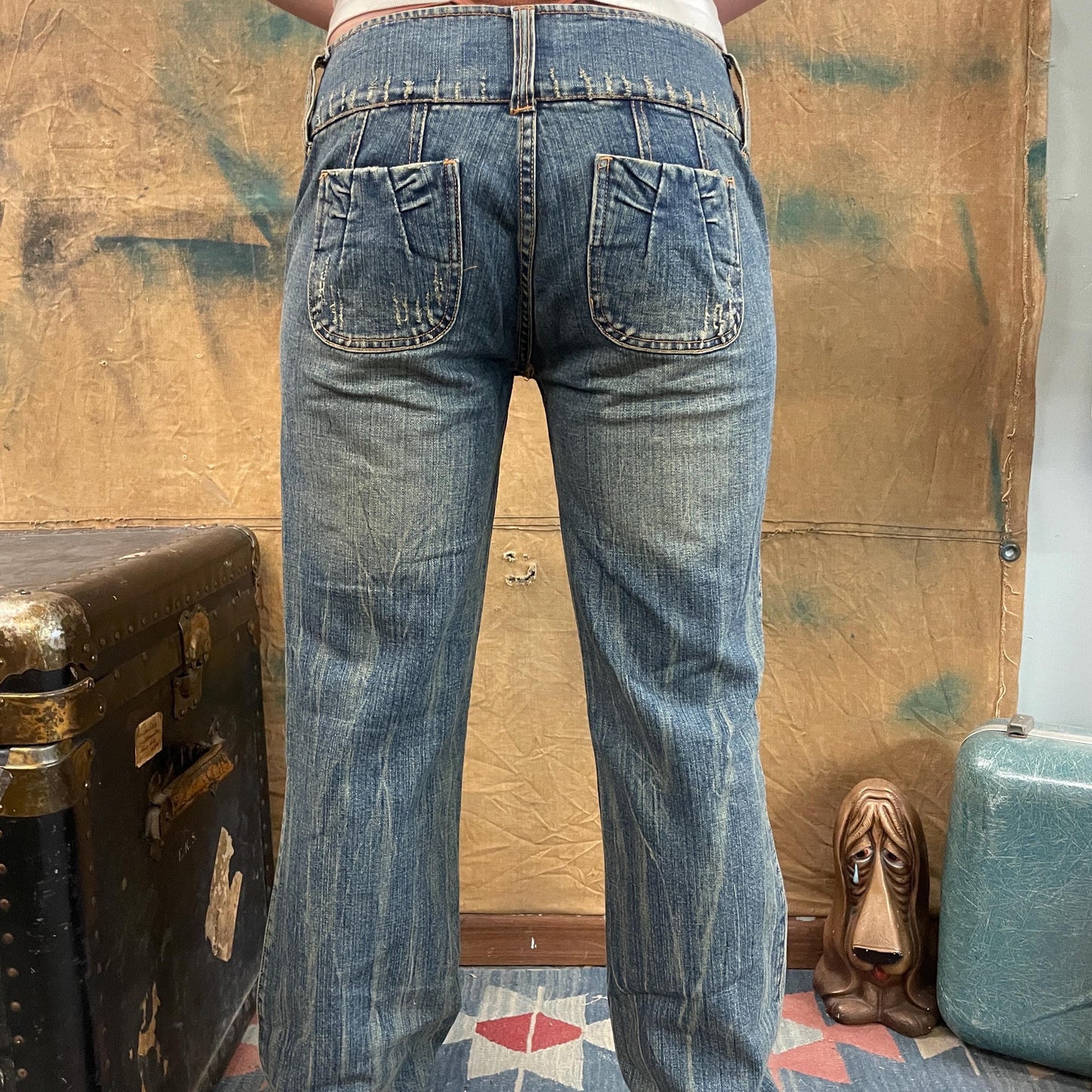 vtg 90s BEADED FLARE JEANS // vintage low rise medium stone washed embroidered bootcut wide leg bubblegum y2k style denim hippie boho jeans