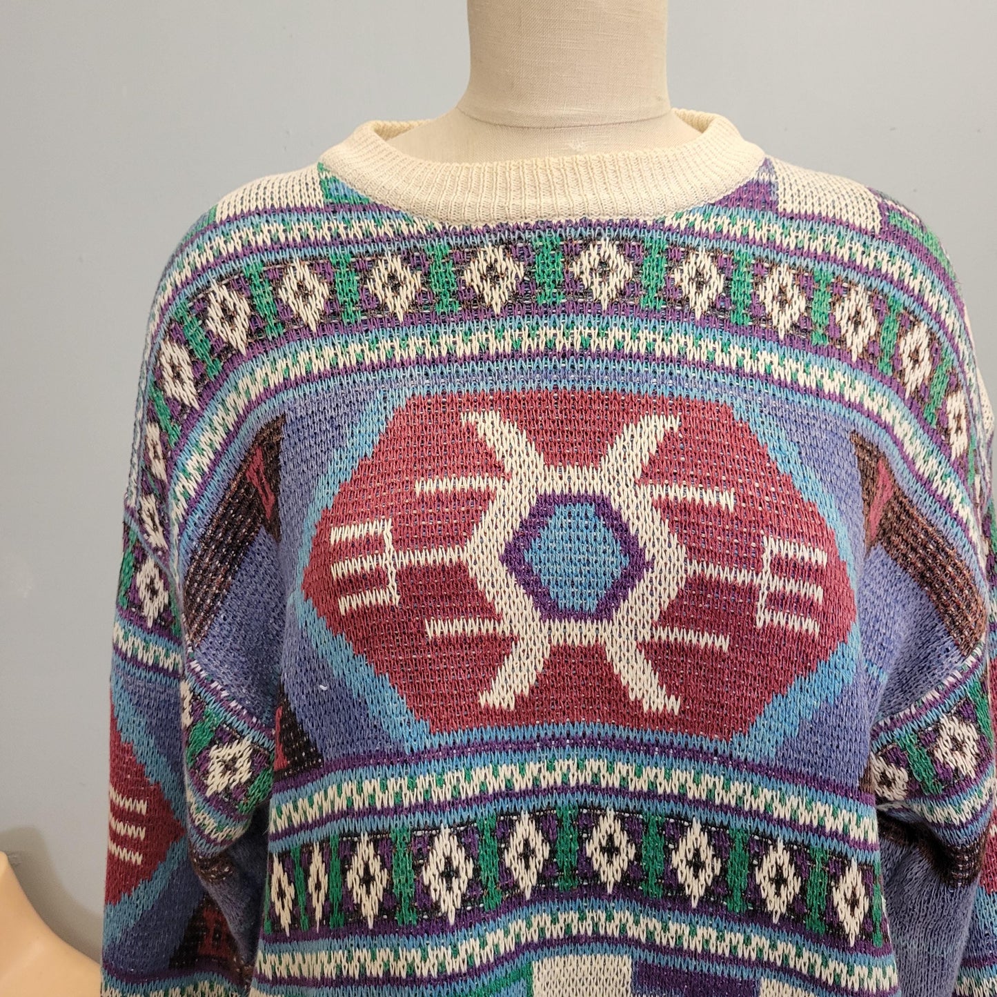 vtg 90s GEOMETRIC PATTERN SWEATER // vintage southwestern all over print abstract autumn cozy cotton ribbed textured chunky knit coastal