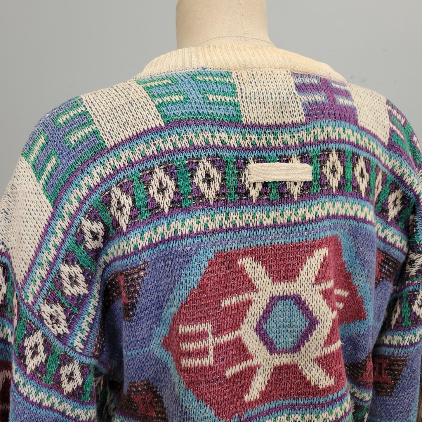 vtg 90s GEOMETRIC PATTERN SWEATER // vintage southwestern all over print abstract autumn cozy cotton ribbed textured chunky knit coastal