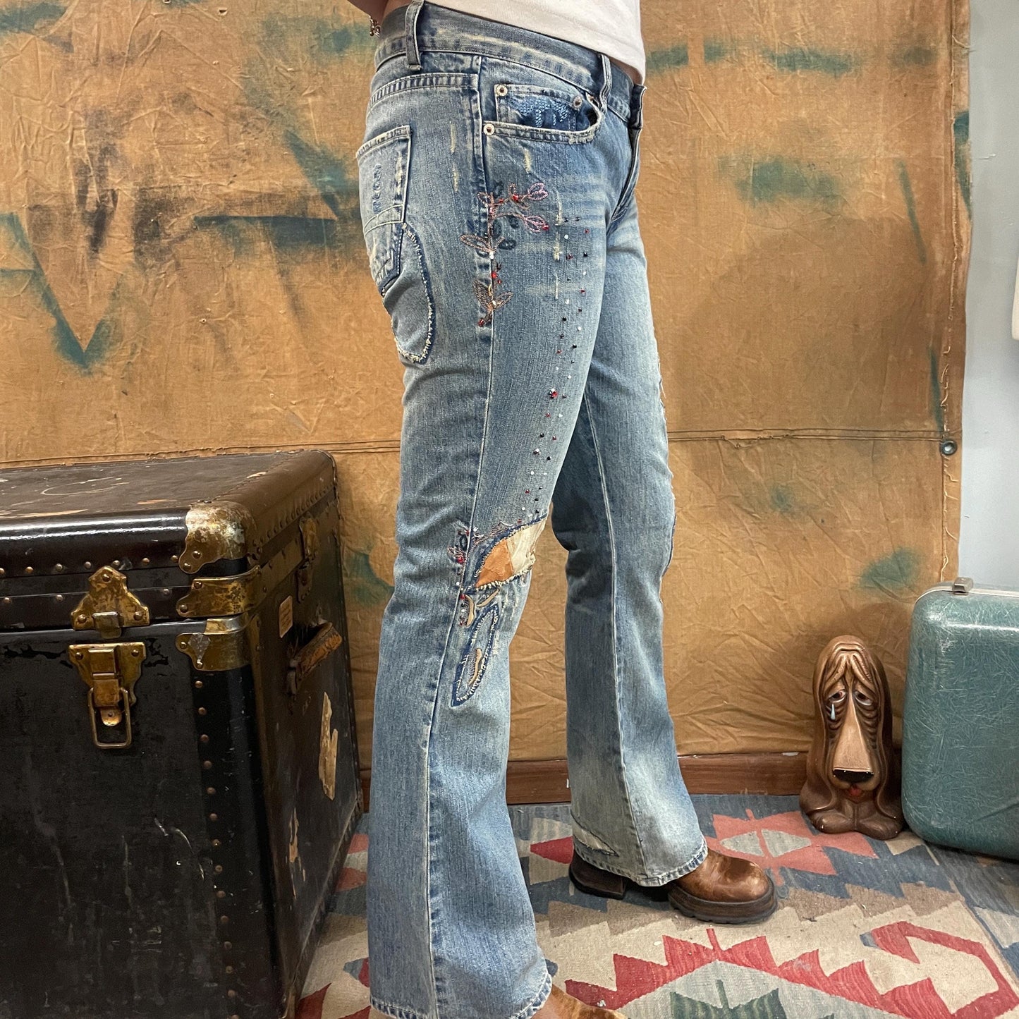 vtg 90s BEADED LAZER JEANS // vintage low rise distressed light wash denim flare leg cut up embroidered hippie grunge punk bell bottom jeans