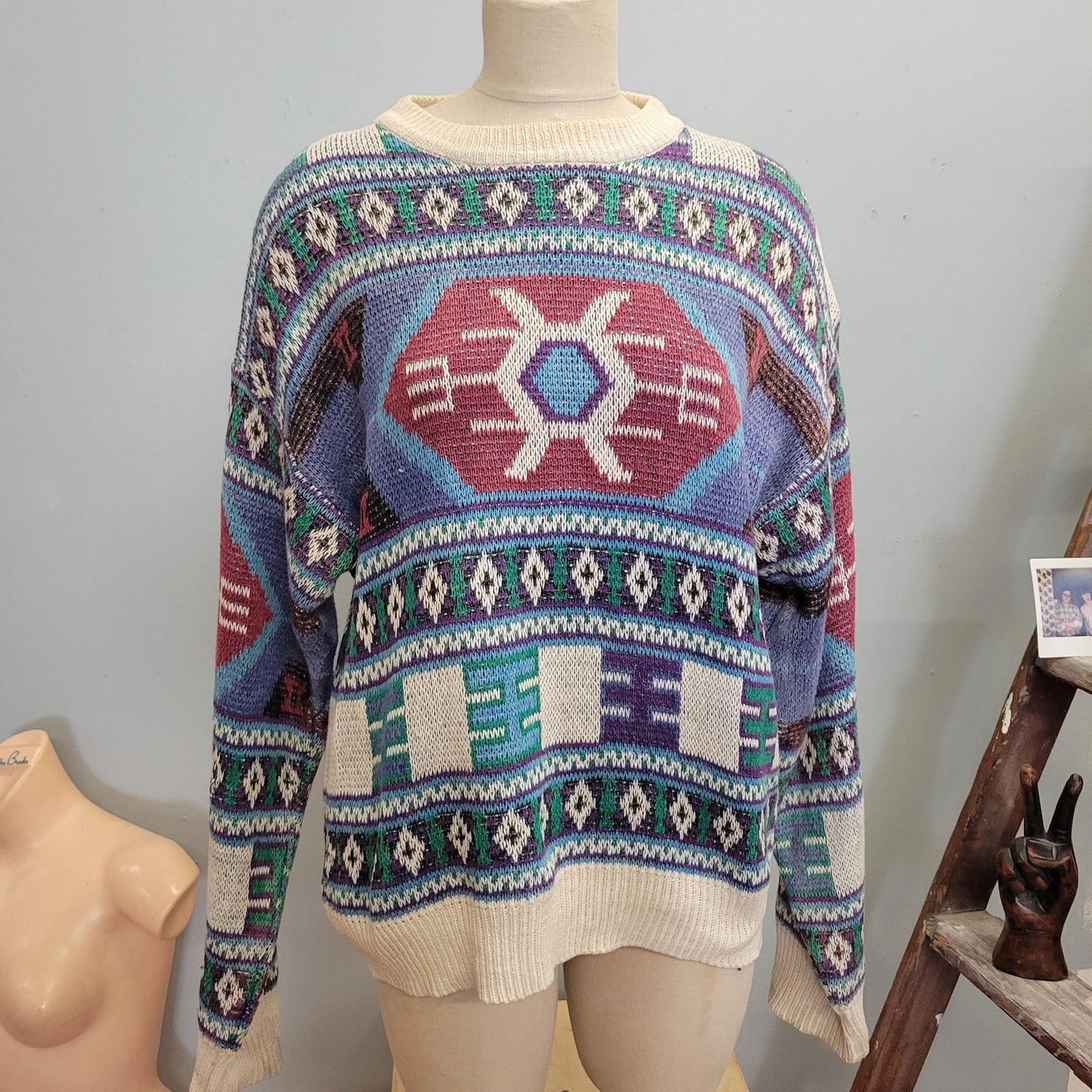 vtg 90s GEOMETRIC PATTERN SWEATER // vintage southwestern all over print abstract autumn cozy cotton ribbed textured chunky knit coastal