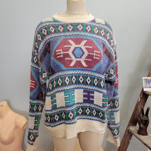 vtg 90s GEOMETRIC PATTERN SWEATER // vintage southwestern all over print abstract autumn cozy cotton ribbed textured chunky knit coastal