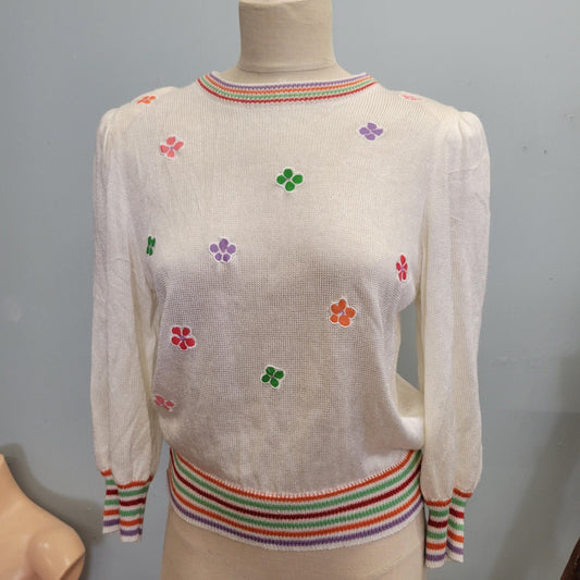 vtg 70s FLOWER POWER SWEATER Top // vintage puffed sleeve floral applique patches striped cuff petite nancy stranger things style mod retro