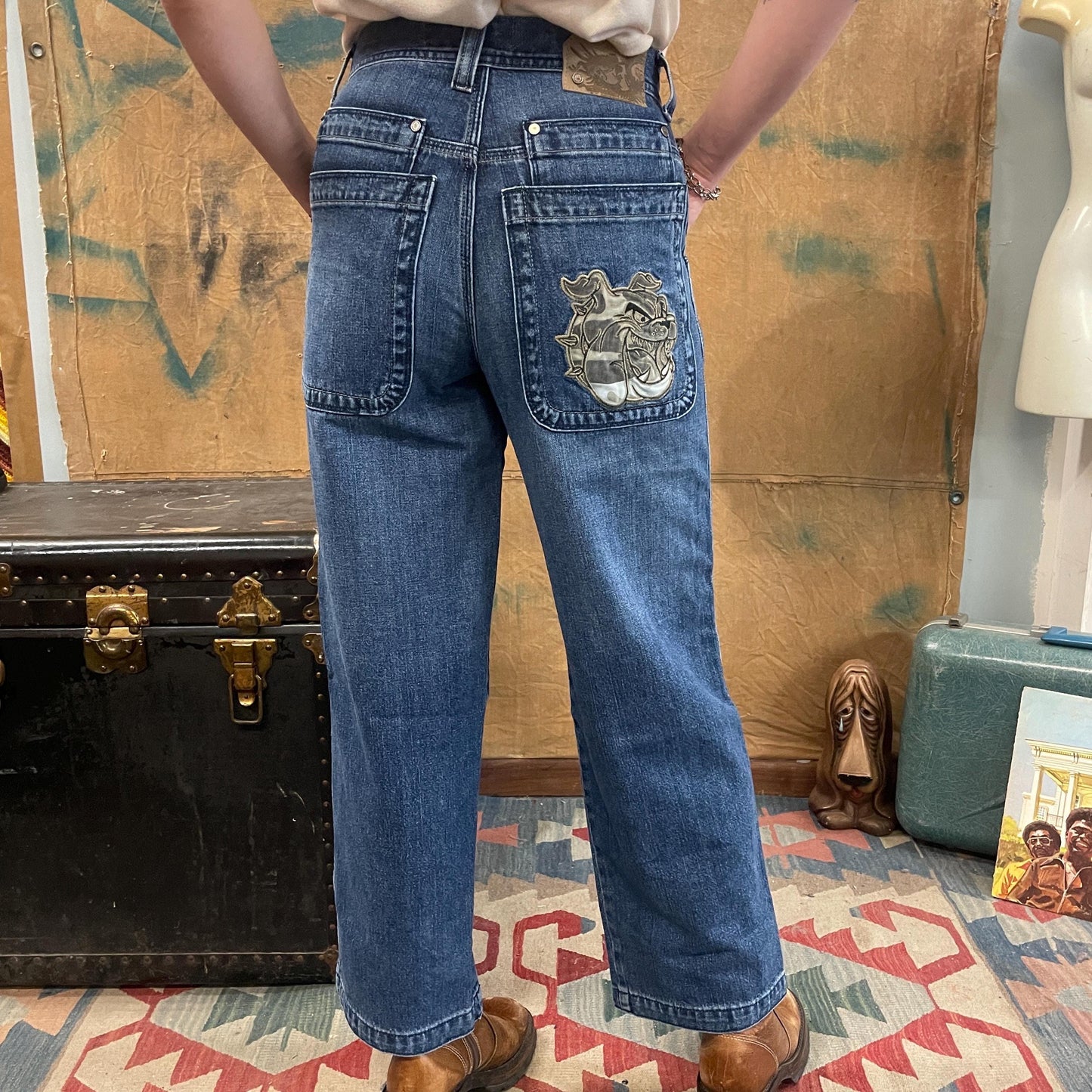 y2k 90s BULLDOG JNCO JEANS // vintage wide leg embroidered dog medium wash bootcut straight leg grunge hip hop double pocket hot topic vtg