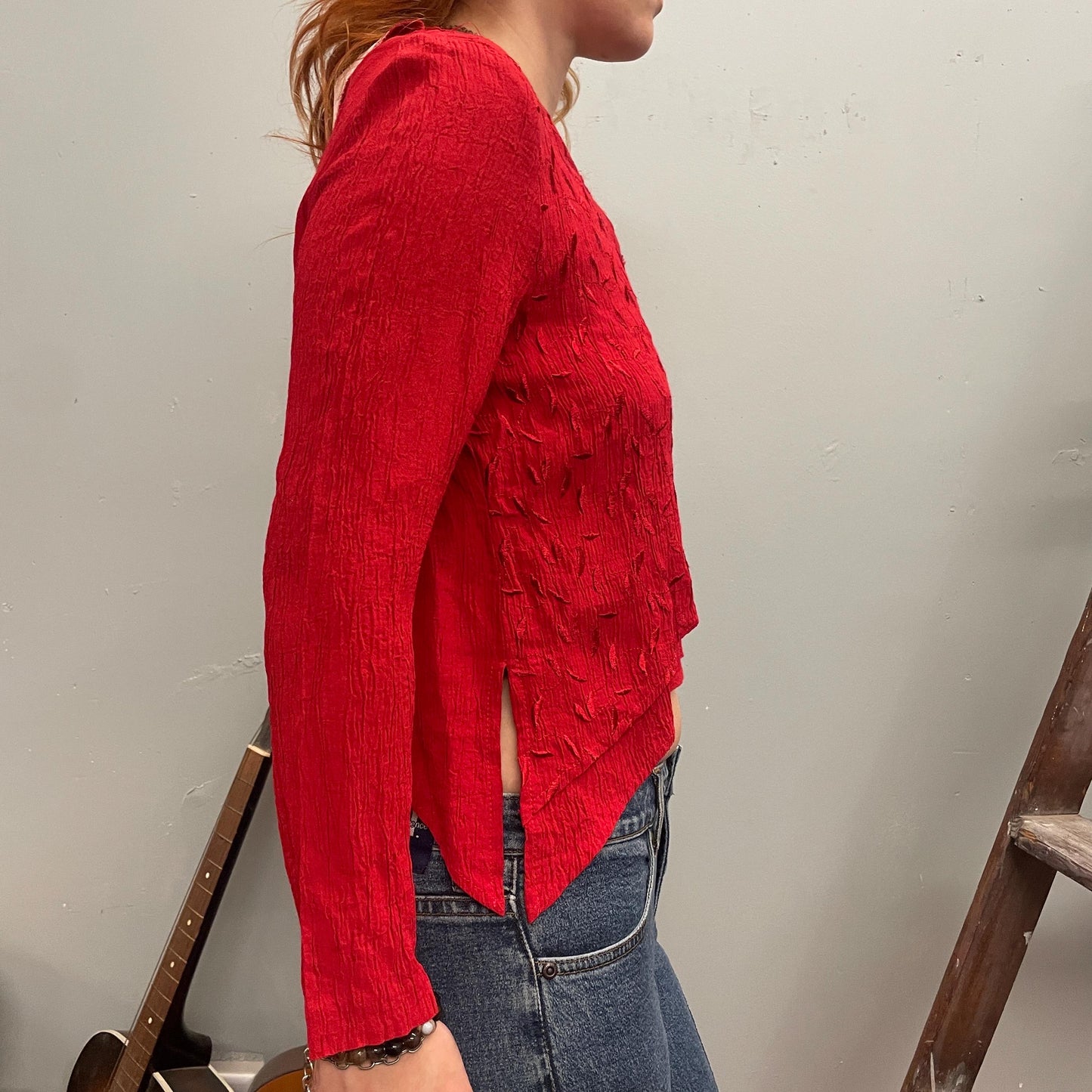 vtg 90s RED LONG SLEEVE crop top // vintage embroidered asymmetrical crimson rayon y2k Karin Stevens sexy flowy cropped dressy casual blouse