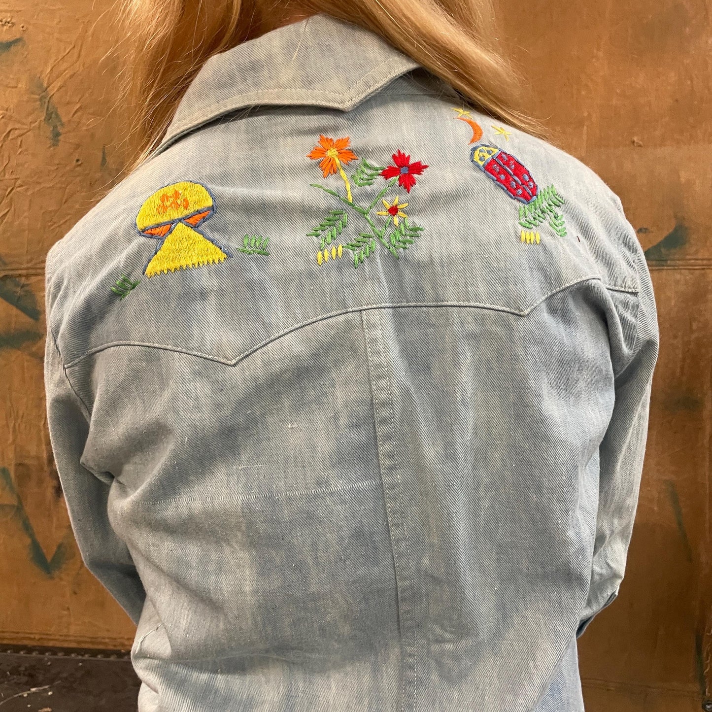 vtg 70s MUSHROOM EMBROIDERED DENIM Jacket // vintage retro hippie western boho collared chambray floral stitch homemade sherry beth blouse