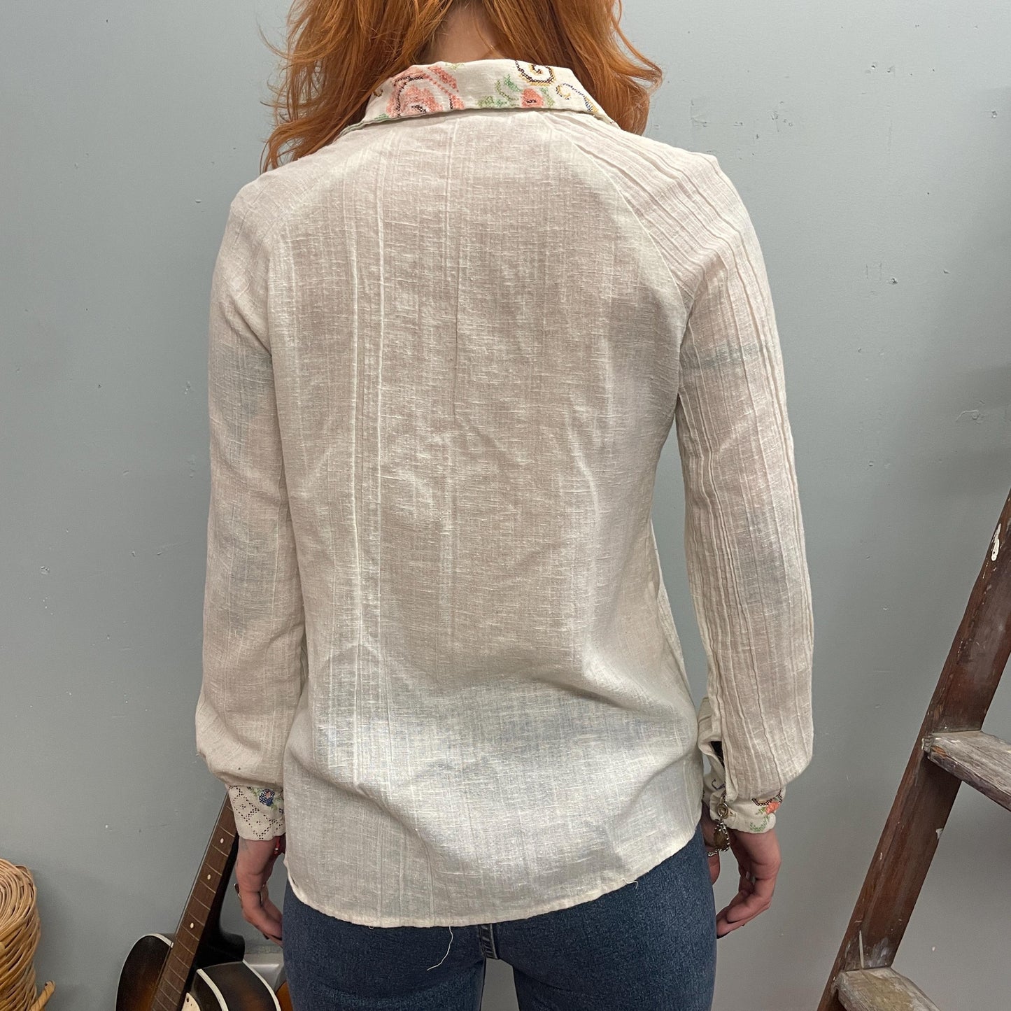 vtg 70s EMBROIDERED LINEN BLOUSE // vintage floral hippie flowy collared lace up western retro long sleeve boho guru jimi hendrix doors rock