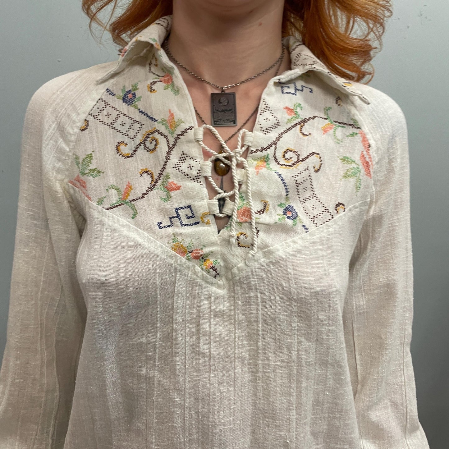 vtg 70s EMBROIDERED LINEN BLOUSE // vintage floral hippie flowy collared lace up western retro long sleeve boho guru jimi hendrix doors rock