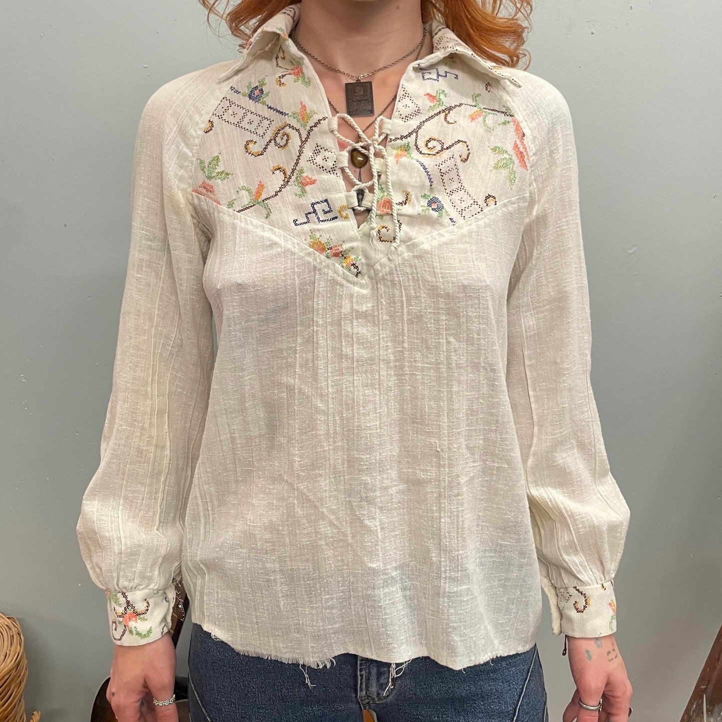 vtg 70s EMBROIDERED LINEN BLOUSE // vintage floral hippie flowy collared lace up western retro long sleeve boho guru jimi hendrix doors rock