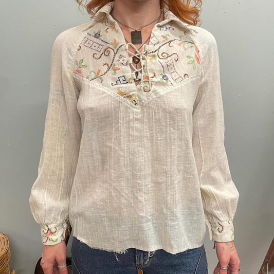 vtg 70s EMBROIDERED LINEN BLOUSE // vintage floral hippie flowy collared lace up western retro long sleeve boho guru jimi hendrix doors rock