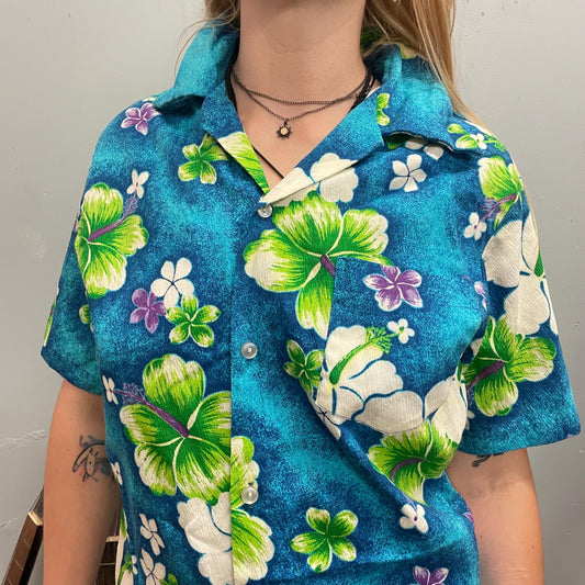 vtg 70s FLORAL HAWAIIAN SHIRT // vintage pomare barkcloth neon dayglow tiki party blouse wedding shirt psychedelic flower power retro top