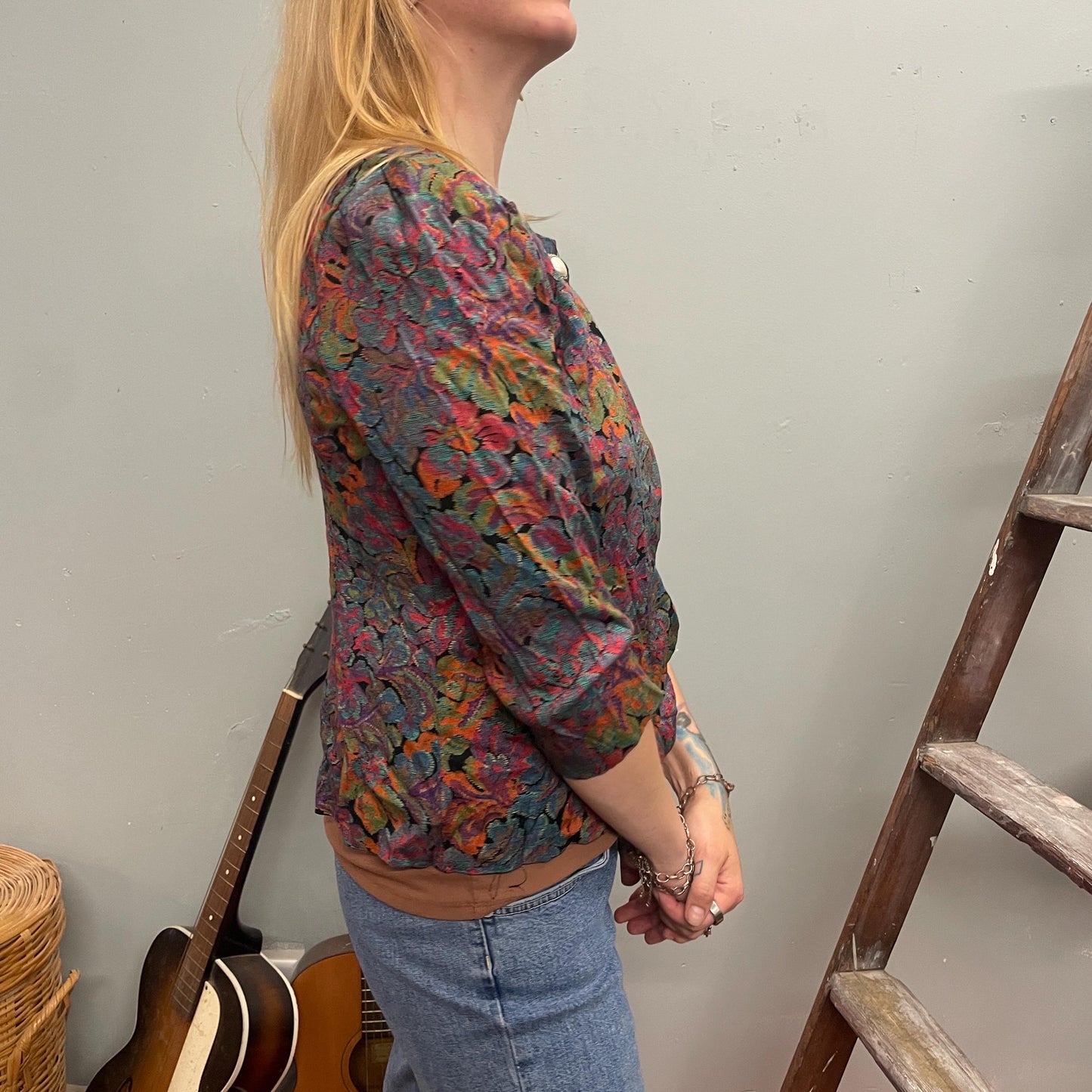 vtg 80s ABSTRACT PATTERNED BLOUSE // vintage psychedelic acid drip paisley oil spill open front crop top flowy rayon casual autumn y2k earth