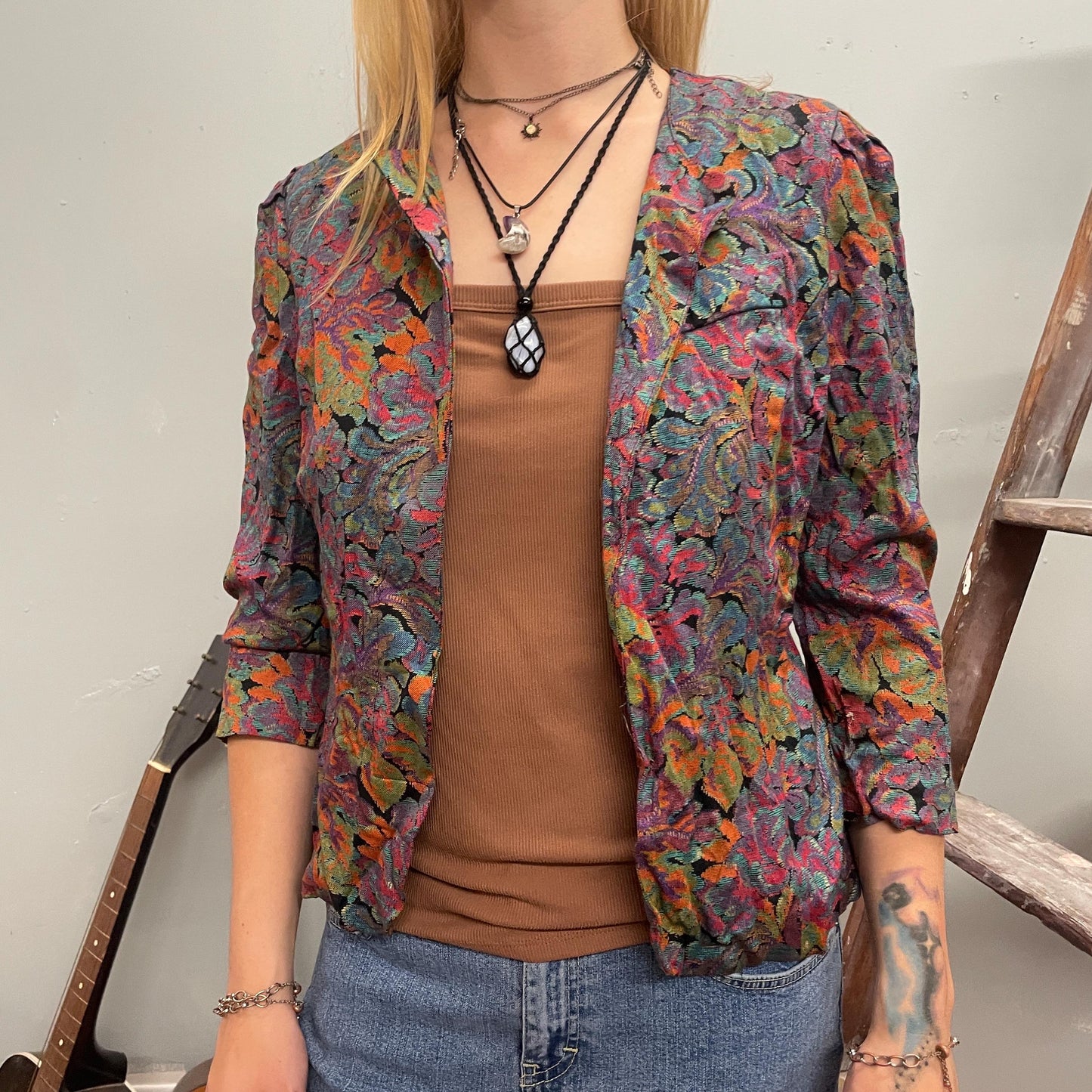 vtg 80s ABSTRACT PATTERNED BLOUSE // vintage psychedelic acid drip paisley oil spill open front crop top flowy rayon casual autumn y2k earth