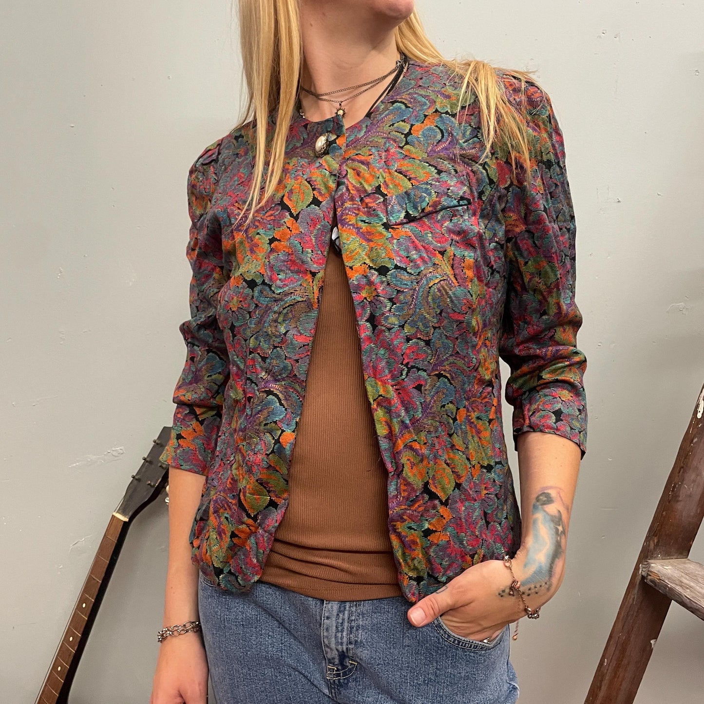 vtg 80s ABSTRACT PATTERNED BLOUSE // vintage psychedelic acid drip paisley oil spill open front crop top flowy rayon casual autumn y2k earth