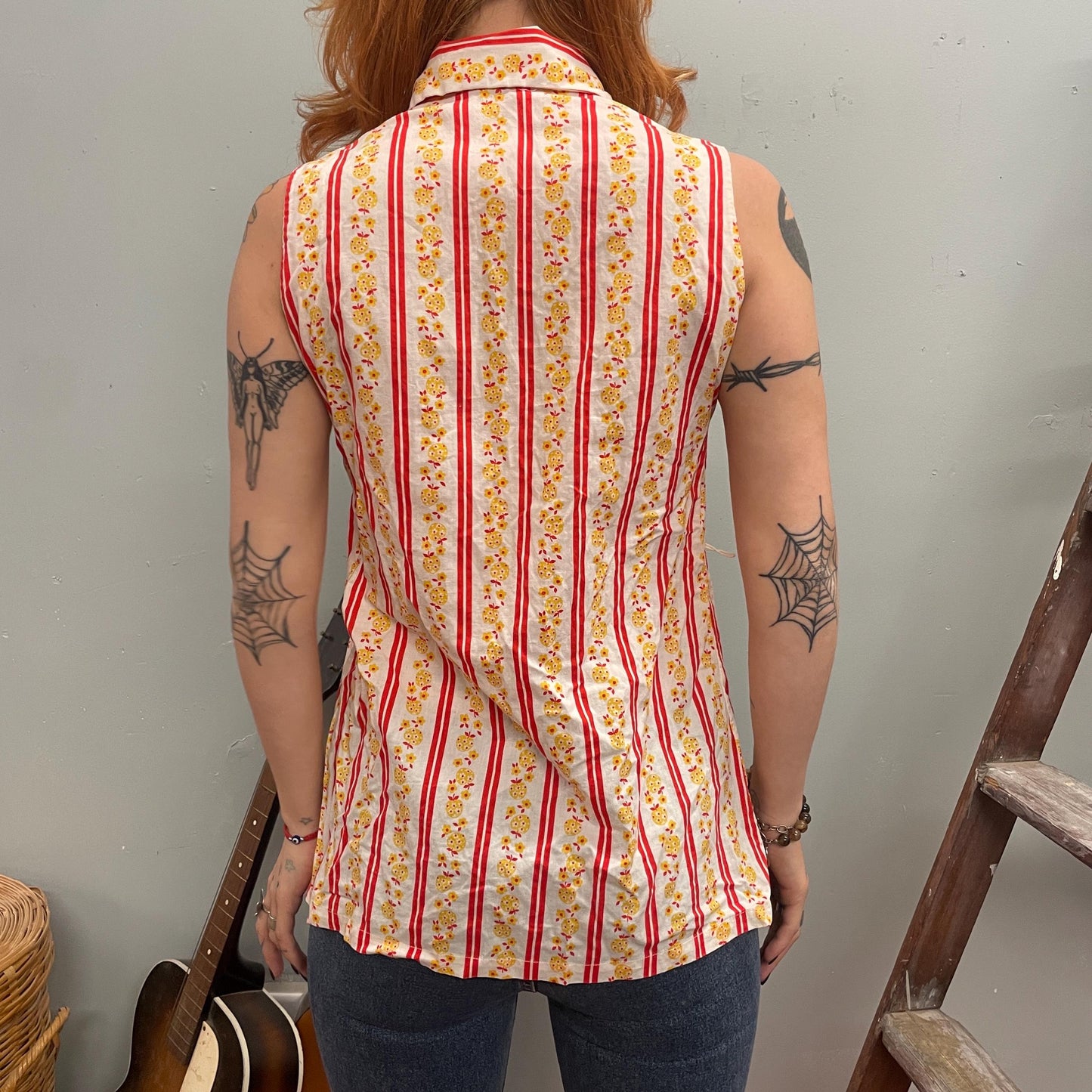 vtg 60s FLORAL STRIPED BUTTON down top // vintage apple pattern flower power all over print pointy collar mod kitschy retro style fashion