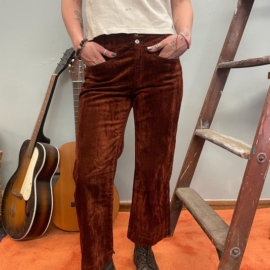 vtg 70s CRUSHED VELVET PANTS // vintage golden brown kick flare capri hippie boho autumn fashion earth tones bare back mid rise velour retro