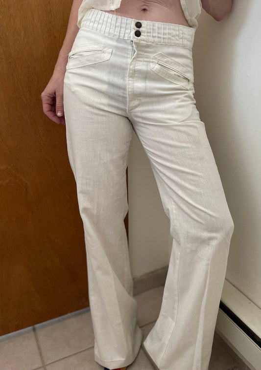vtg 70s WHITE BELLBOTTOMS // vintage hippie boho flare pants sailor style ladies hipster slacks high waisted retro wide leg coastal casual