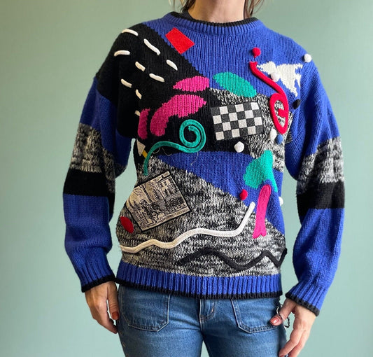 vtg 80s 3D ABSTRACT PATTERN SWEATER // vintage hodge podge checkered geometric print blue slouchy jumper pop art embroidered textured design