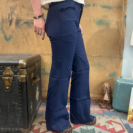 vtg 70s DEADSTOCK RAYON FLARE Pants  // vintage new with tags high rise navy blue bare back boot cut trousers retro mod hipster bell bottoms