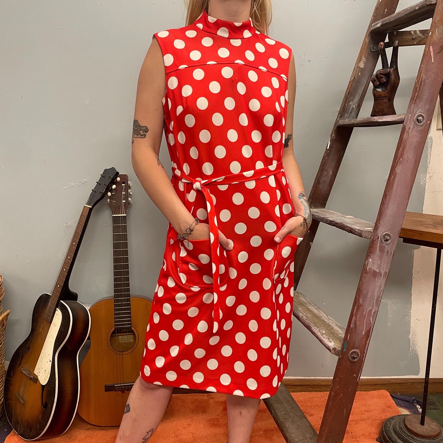 vtg 60s RED POLKA DOT Dress // vintage cute retro geometric print belted mini dress with pockets cute casual funky mod space age go go shift